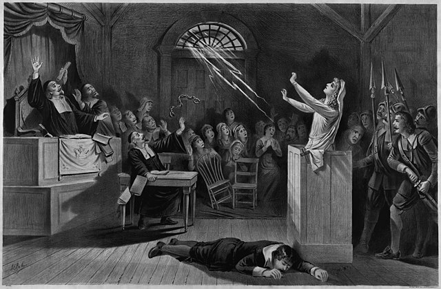 Raffigurazione di una donna processata per stregoneria in un tribunale a Salem